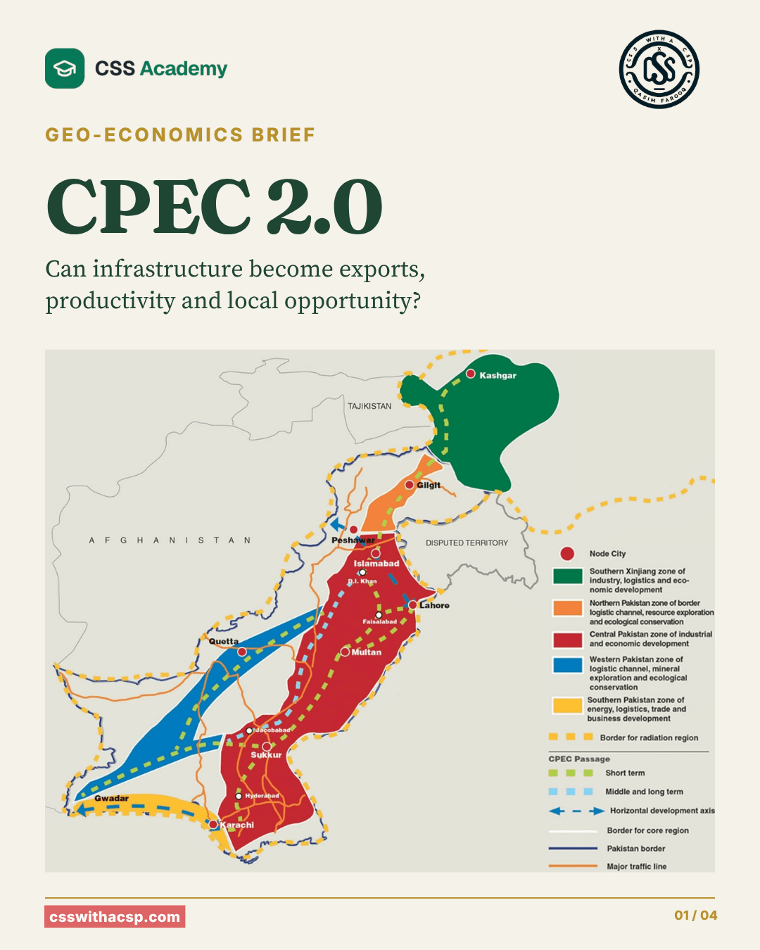 Cover: CPEC 2.0, a CSS Academy geo-economics brief asking whether infrastructure can become exports, productivity and local opportunity. A colour-coded zoning map runs from Kashgar in southern Xinjiang to Gwadar and Karachi, marking node cities including Gilgit, Peshawar, Islamabad, Lahore, Multan, Quetta and Sukkur, with CPEC routes for the short, middle and long term.